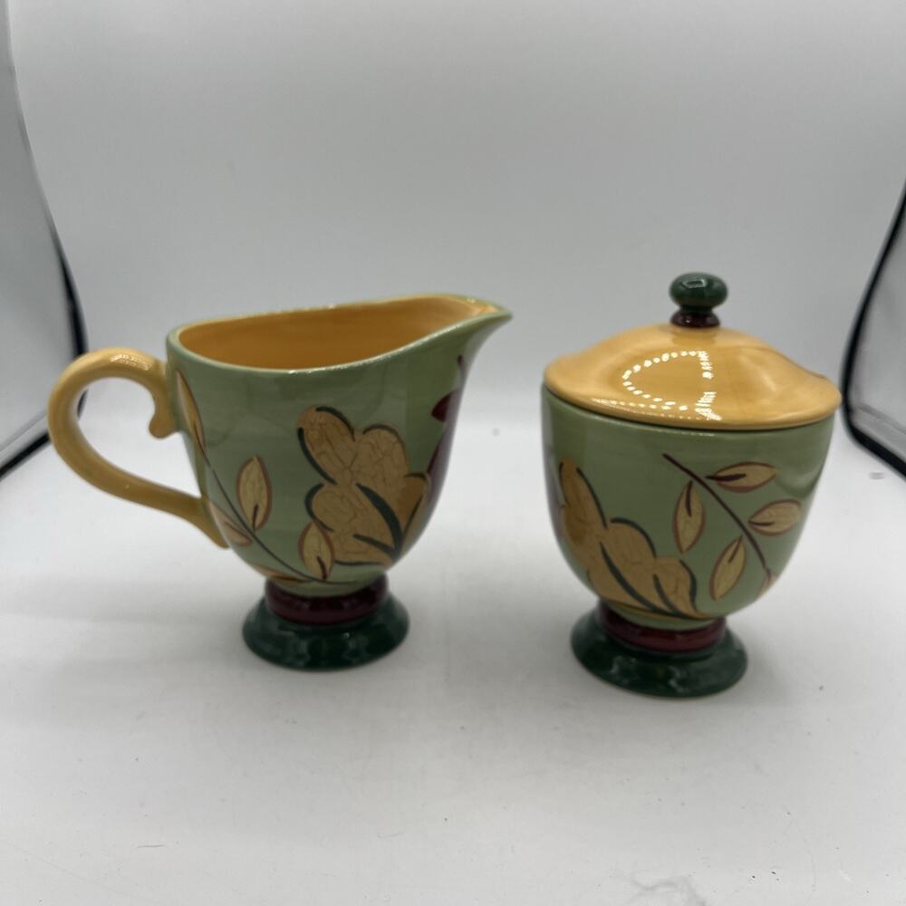 Corelle Coordinates Green Textured Leaves Pedestal Sugar Bowl Creamer Autumn